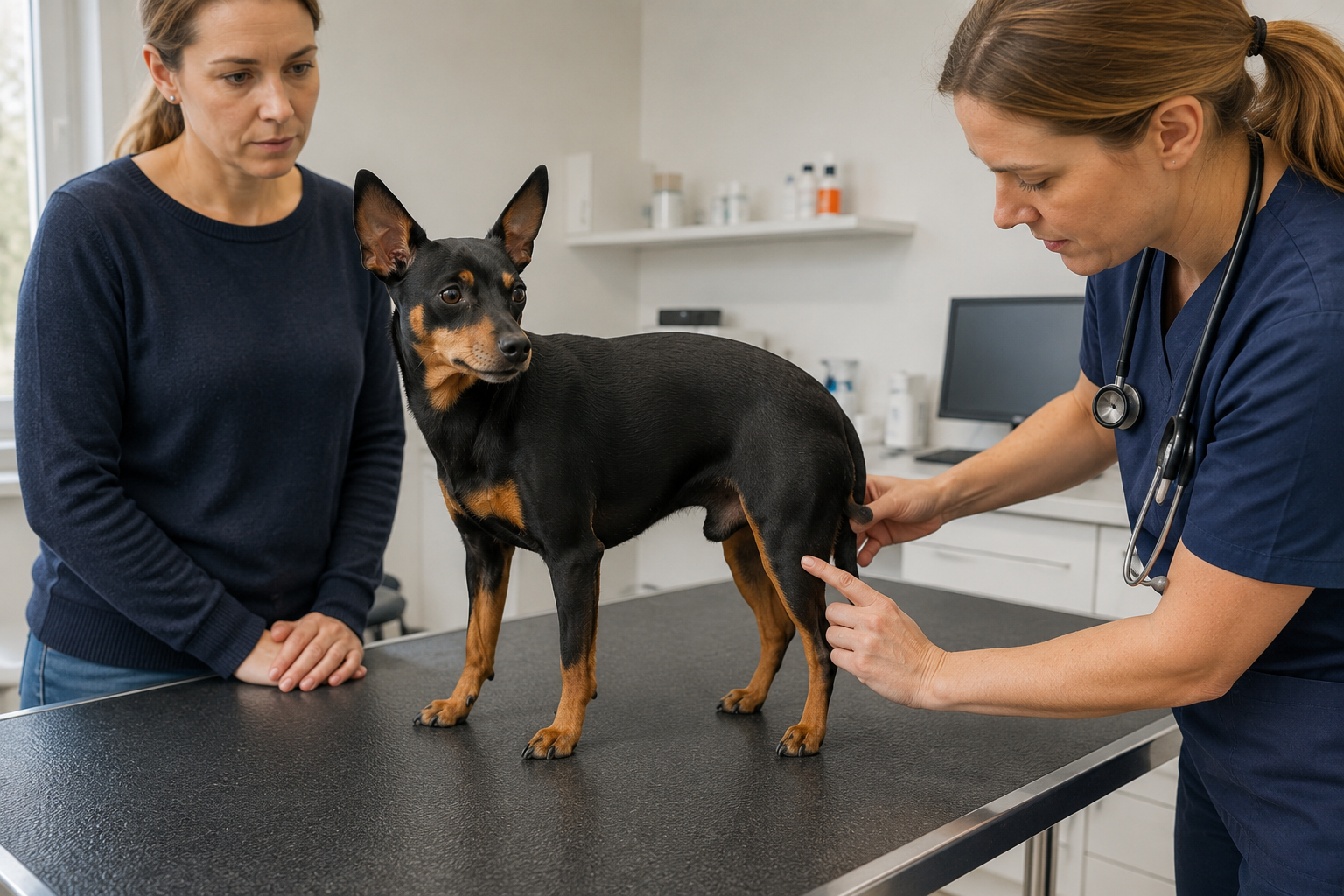 Veterinář vysvětluje majitelce luxaci pately u malého psa